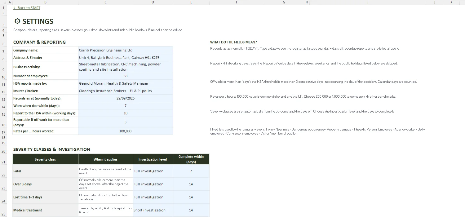 Accident Report Form Excel – SETTINGS