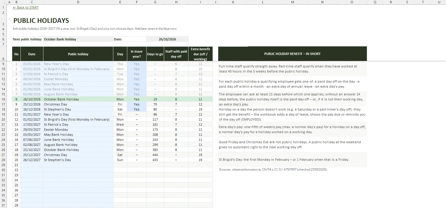 Annual Leave Tracker Excel – PUBLIC HOLIDAYS