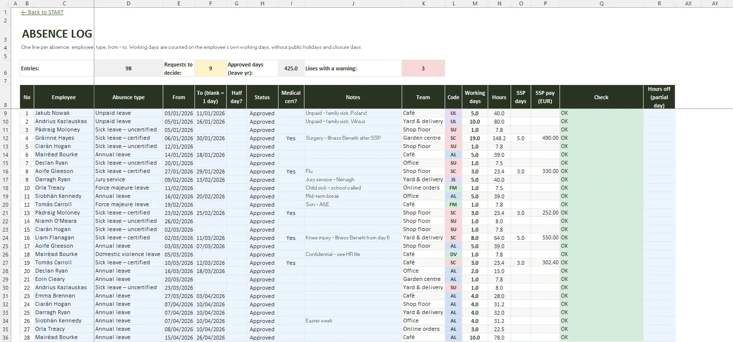 Annual Leave Tracker Excel – ABSENCE LOG