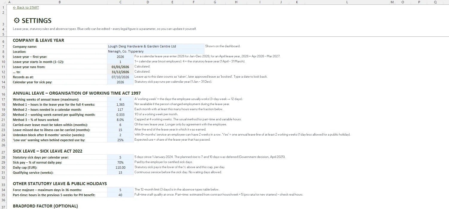 Annual Leave Tracker Excel – SETTINGS