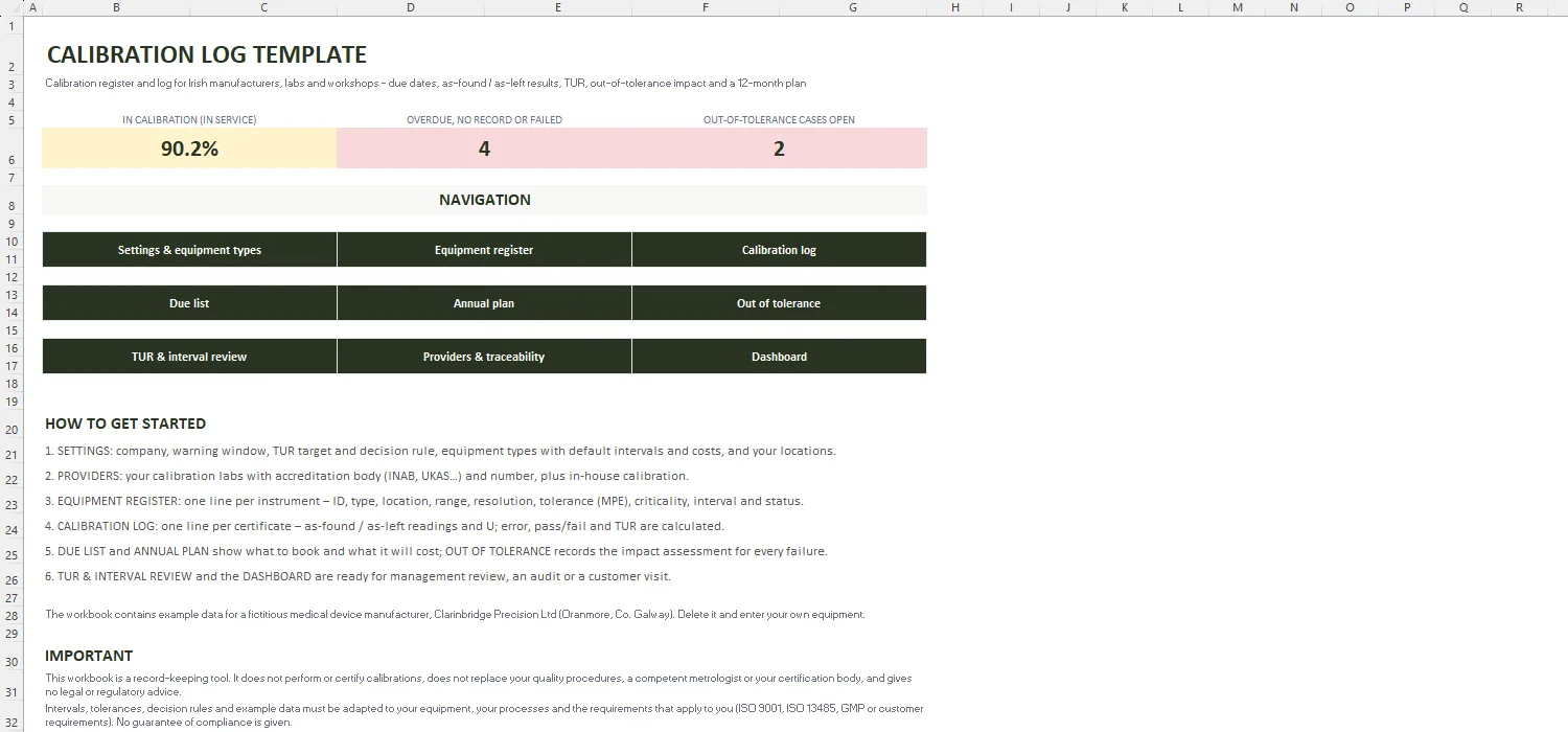 Calibration Log Template Excel – START