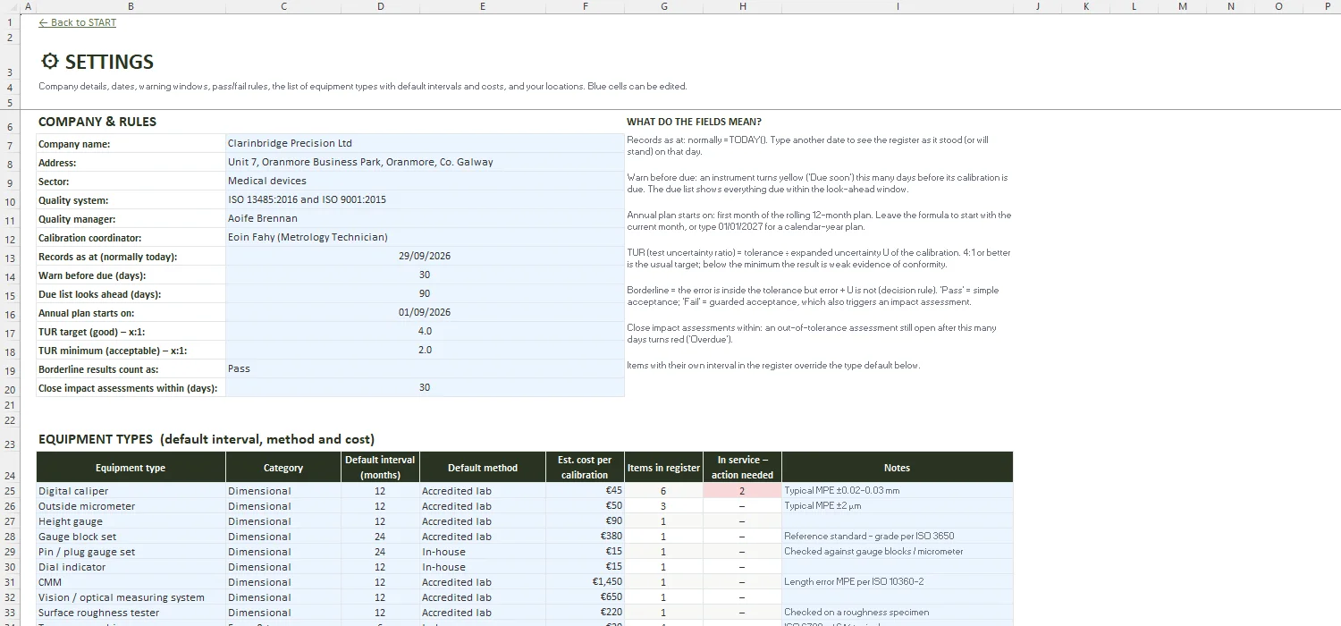 Calibration Log Template Excel – SETTINGS