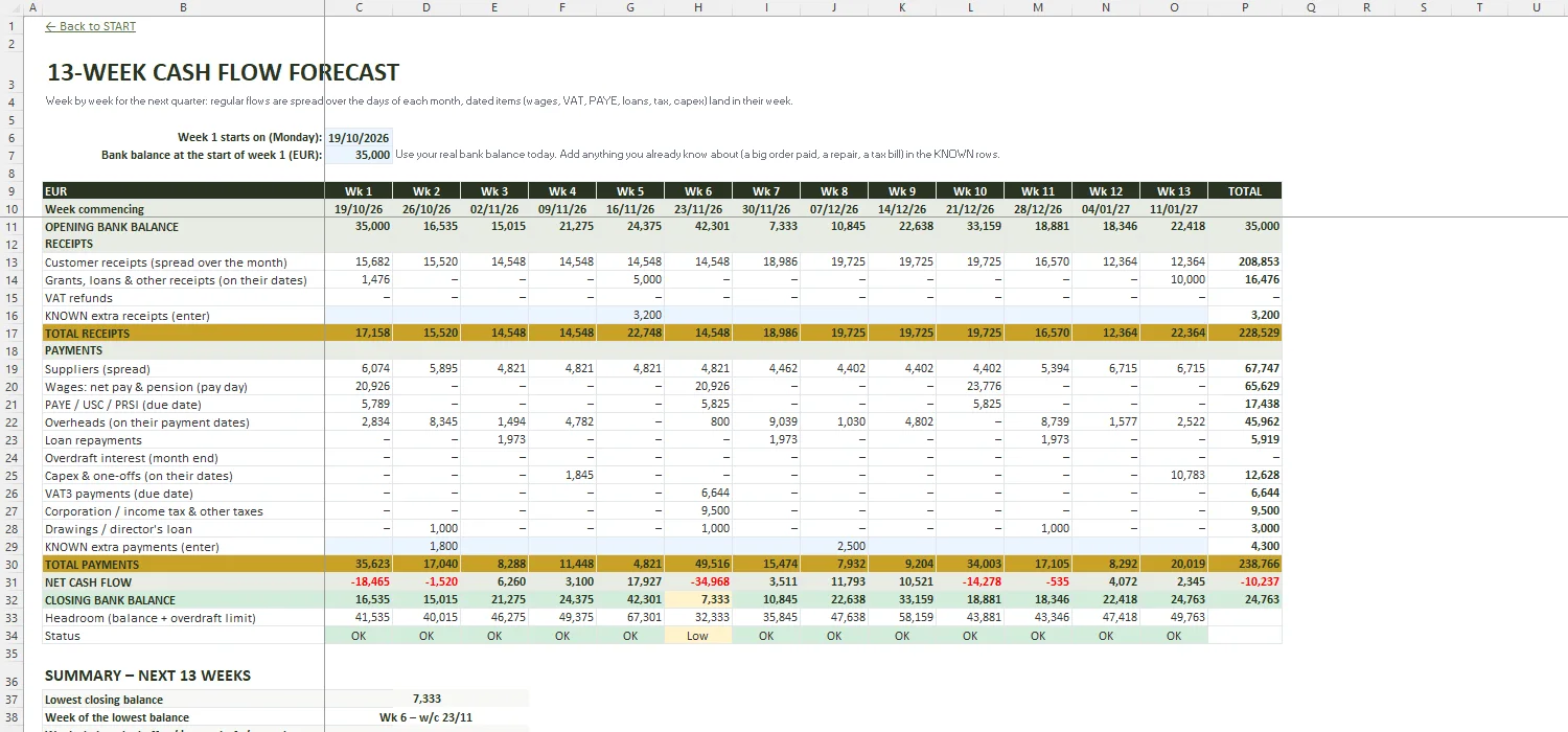 Cash Flow Forecast Template Excel – 13-WEEK FORECAST