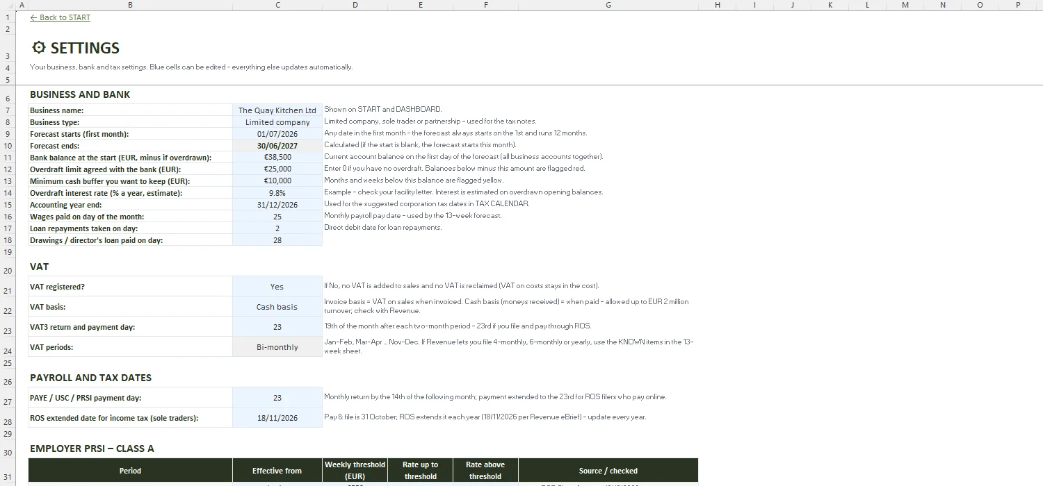 Cash Flow Forecast Template Excel – SETTINGS