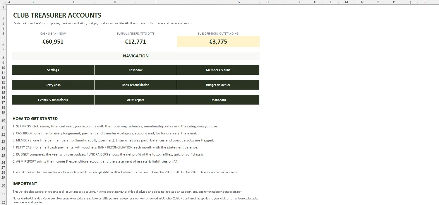 Club Treasurer Accounts Excel – START