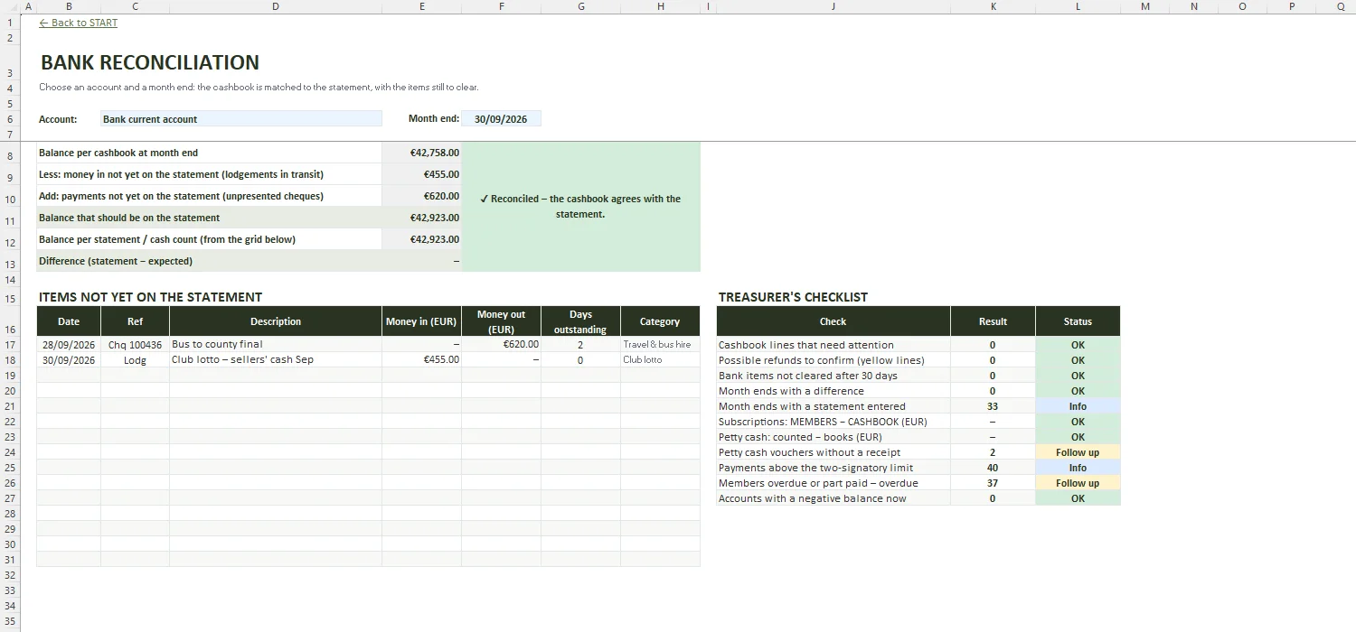 Club Treasurer Accounts Excel – BANK RECONCILIATION