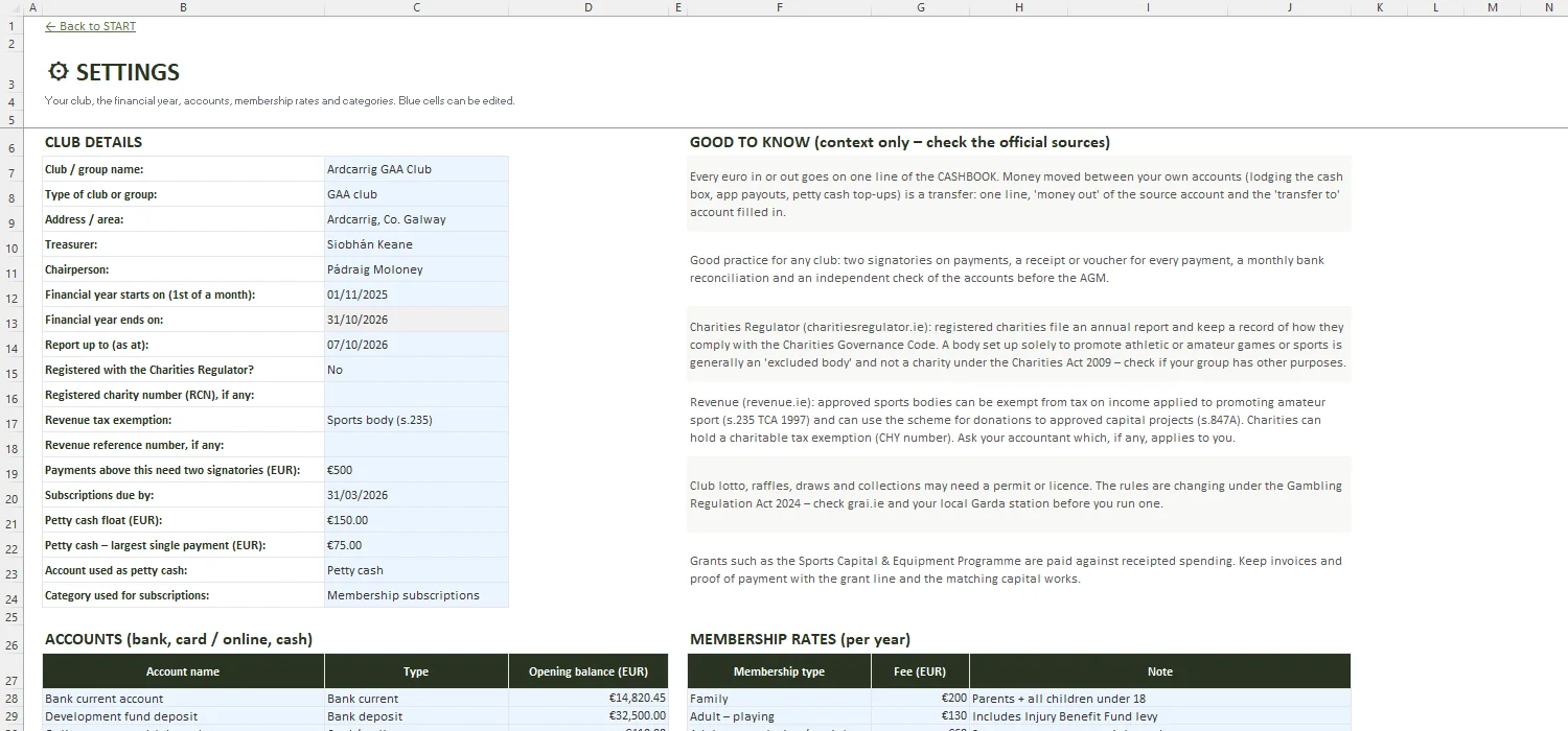Club Treasurer Accounts Excel – SETTINGS