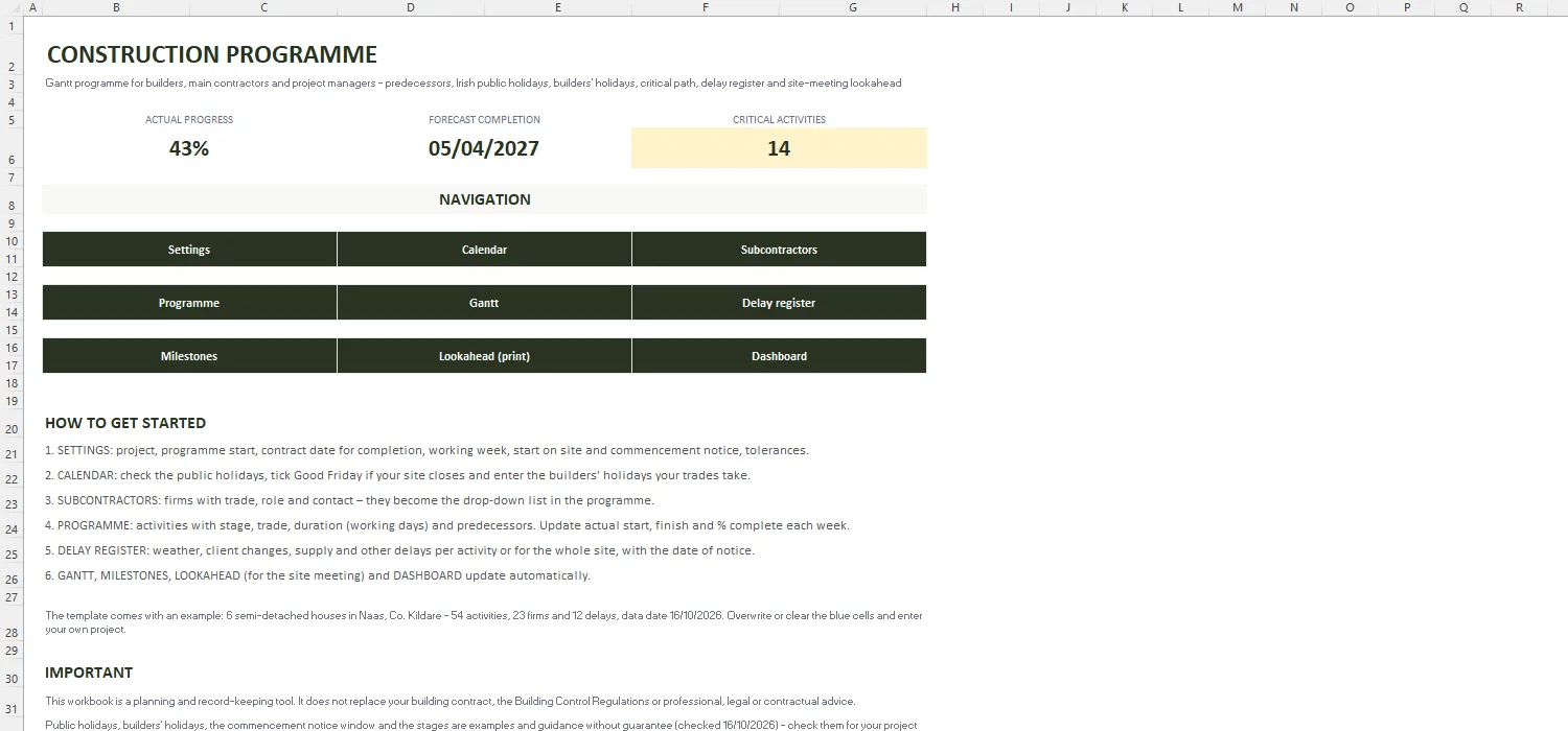 Construction Programme Template Excel – START