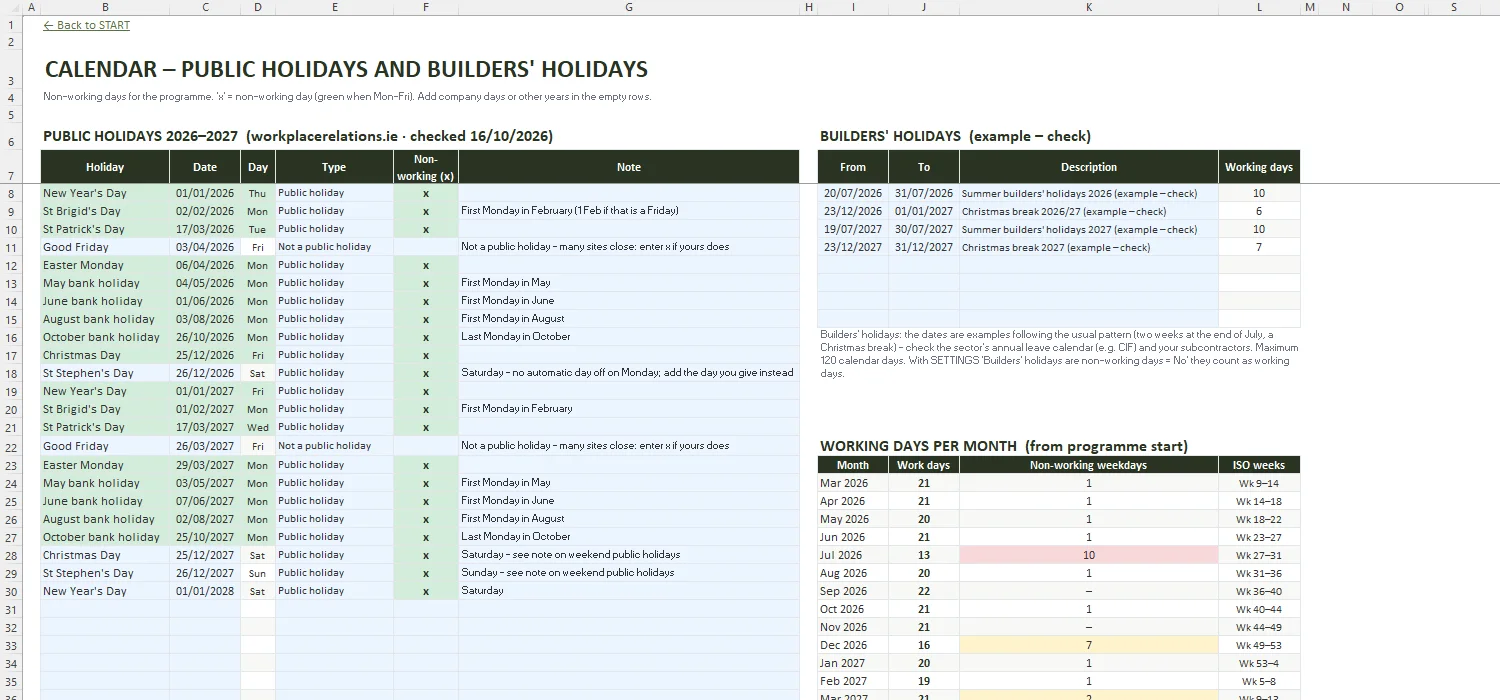 Construction Programme Template Excel – CALENDAR