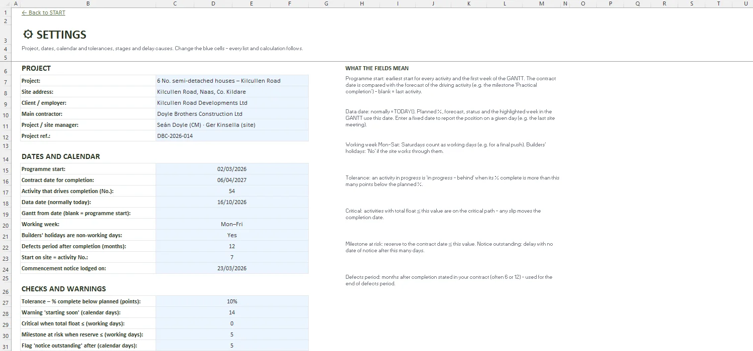 Construction Programme Template Excel – SETTINGS