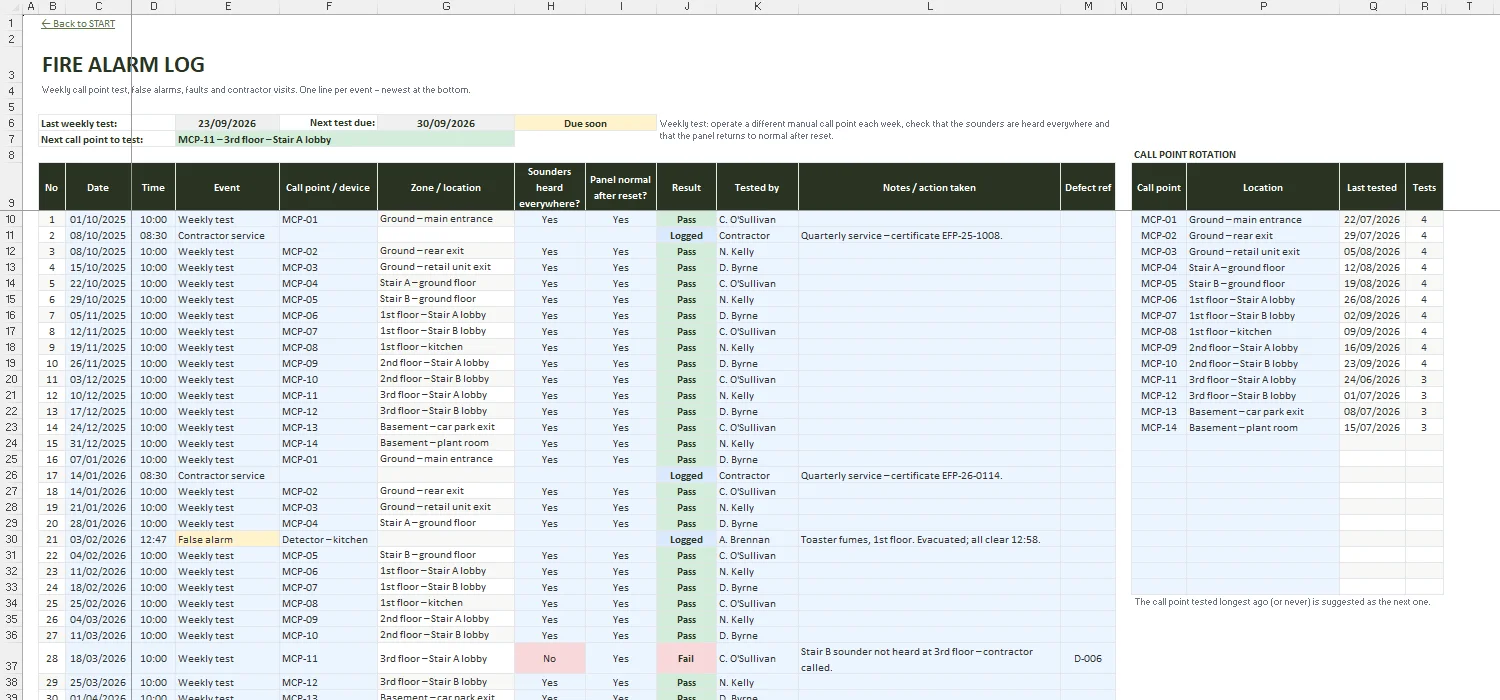 Fire Safety Register Excel – FIRE ALARM LOG