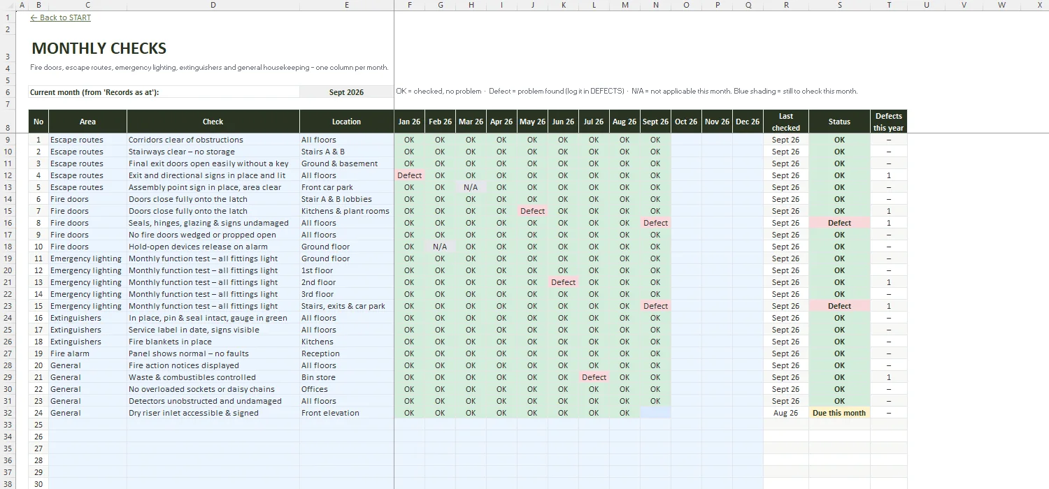 Fire Safety Register Excel – MONTHLY CHECKS