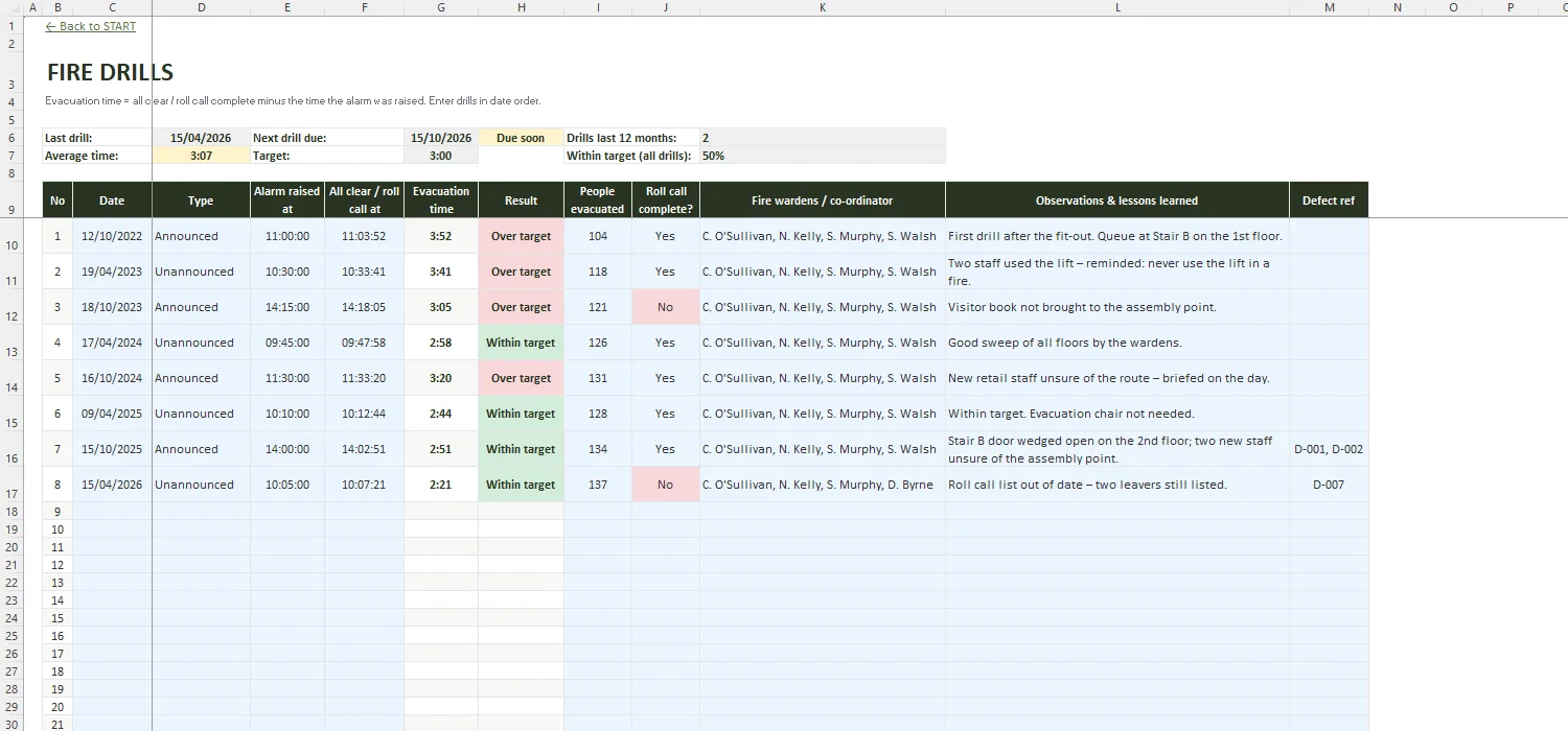Fire Safety Register Excel – FIRE DRILLS