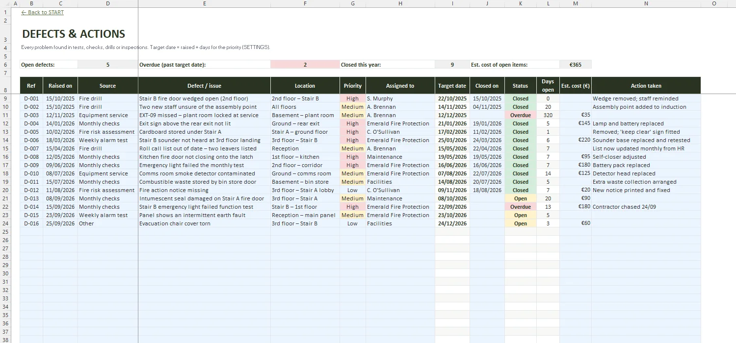 Fire Safety Register Excel – DEFECTS