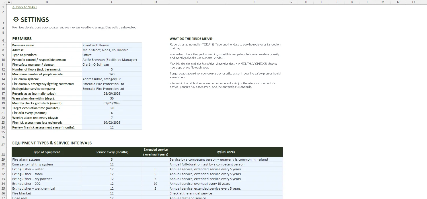 Fire Safety Register Excel – SETTINGS