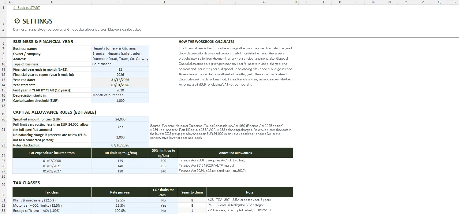 Fixed Asset Register Excel – SETTINGS