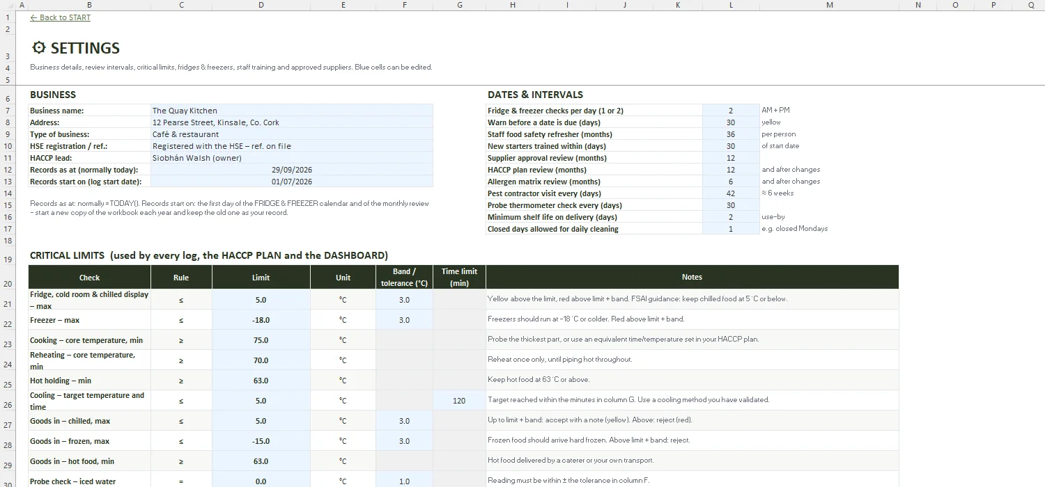 HACCP Template Excel – SETTINGS