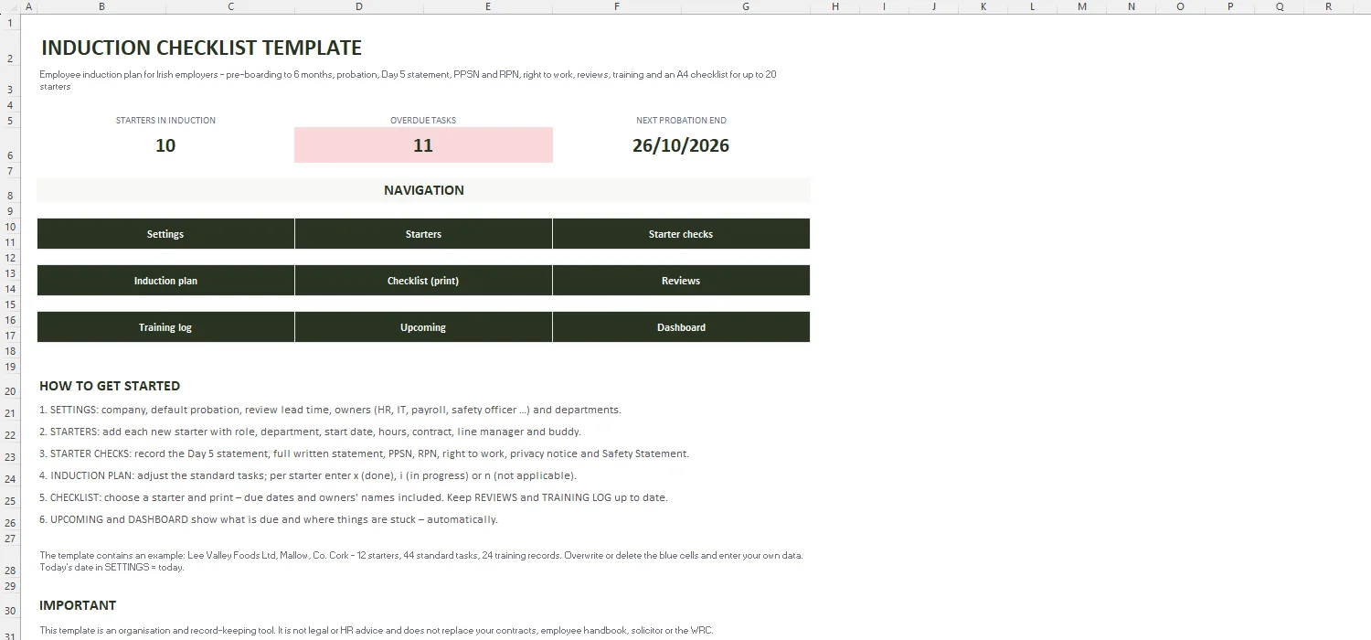 Induction Checklist Template Excel – START
