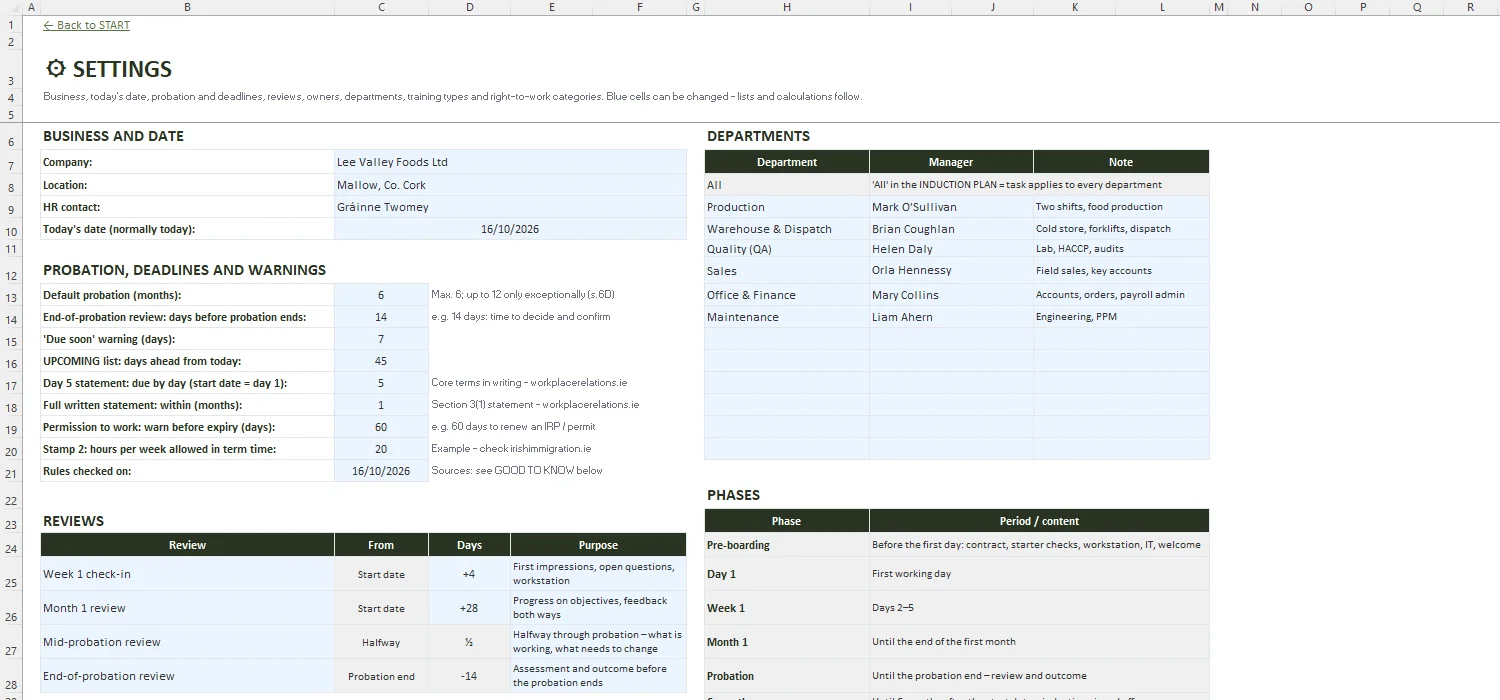 Induction Checklist Template Excel – SETTINGS