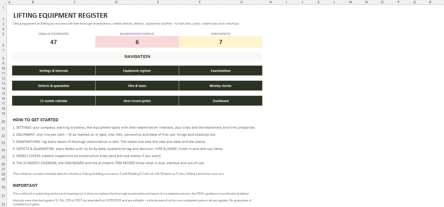 Lifting Equipment Register Excel – START