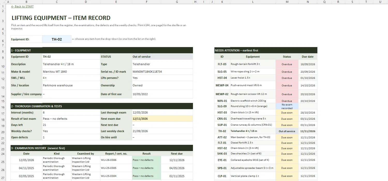 Lifting Equipment Register Excel – EQUIPMENT REPORT