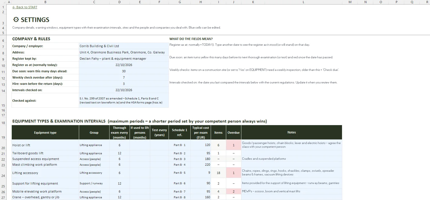Lifting Equipment Register Excel – SETTINGS