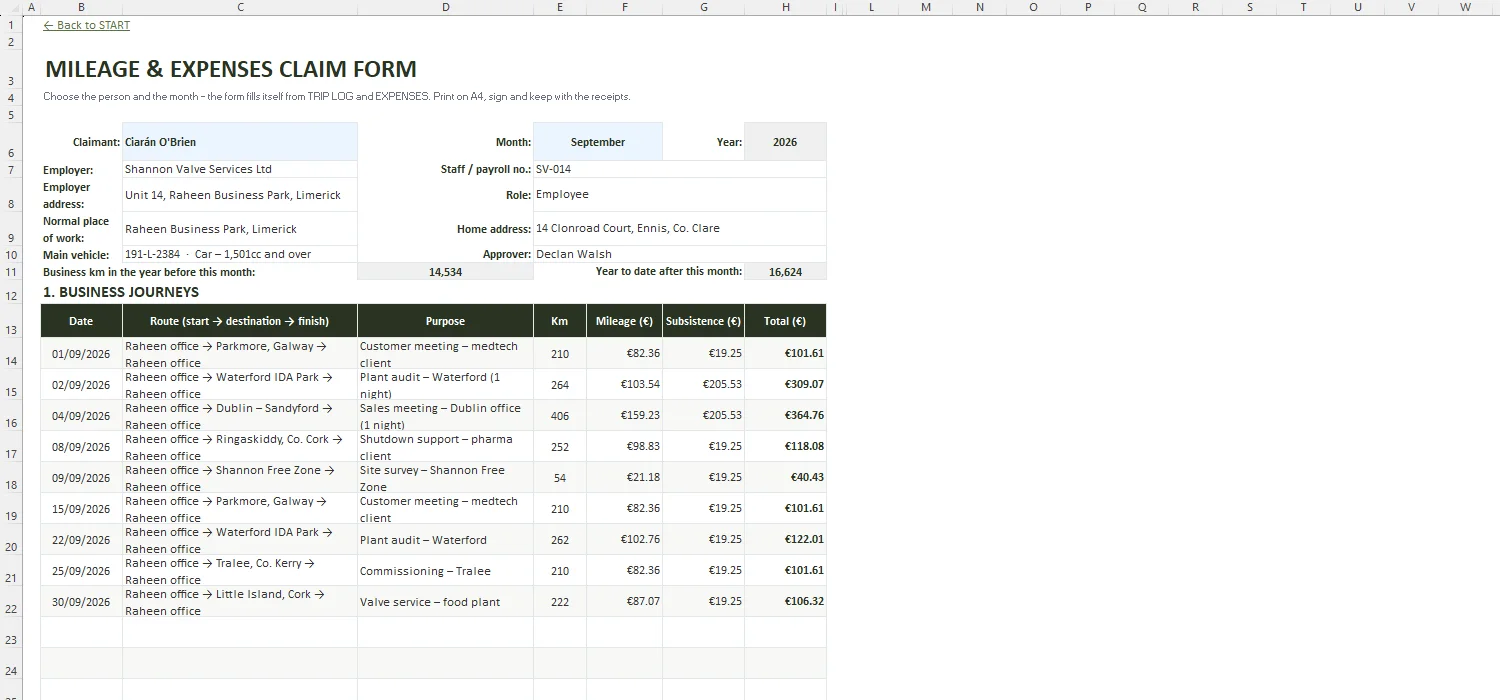 Mileage Log Template Excel – CLAIM FORM