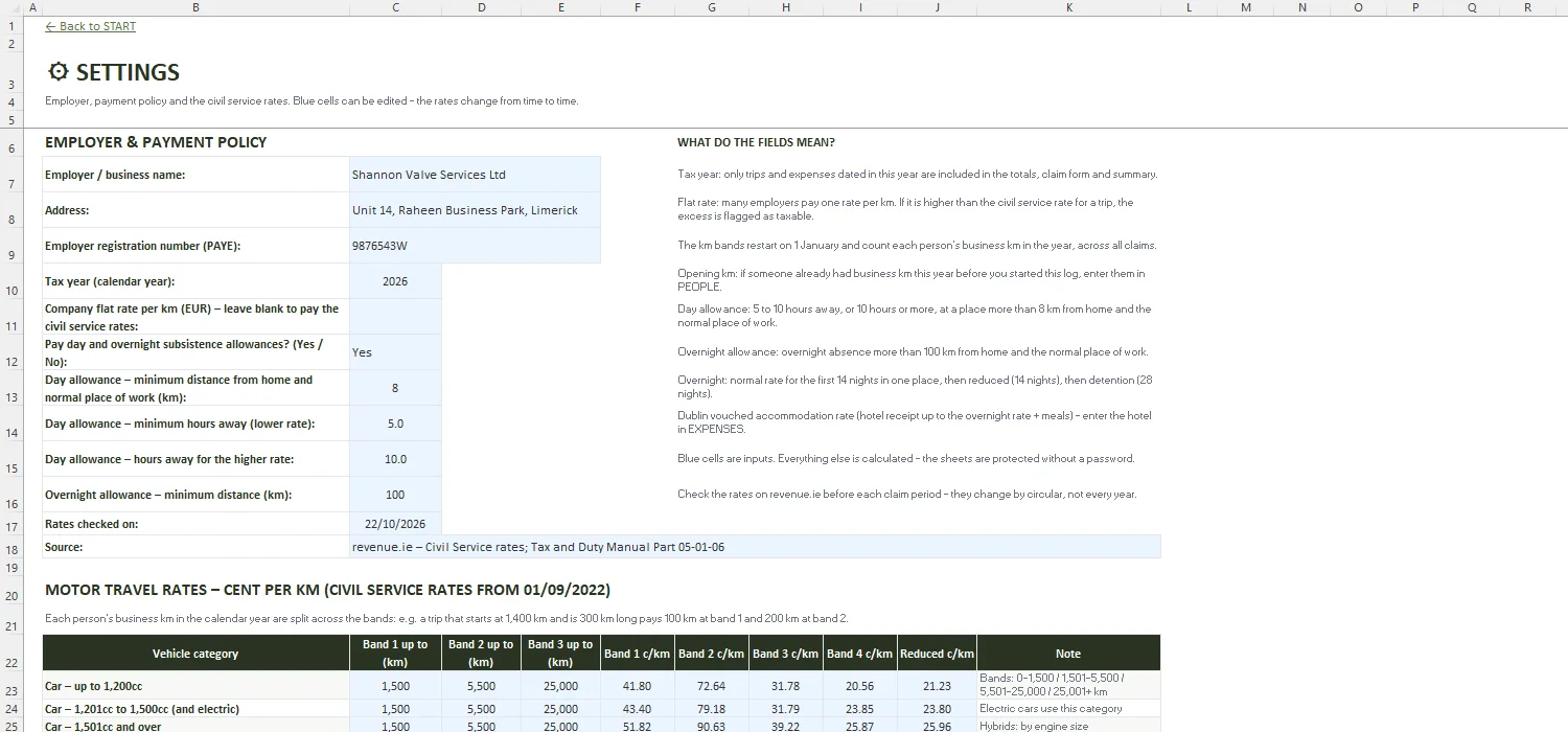 Mileage Log Template Excel – SETTINGS