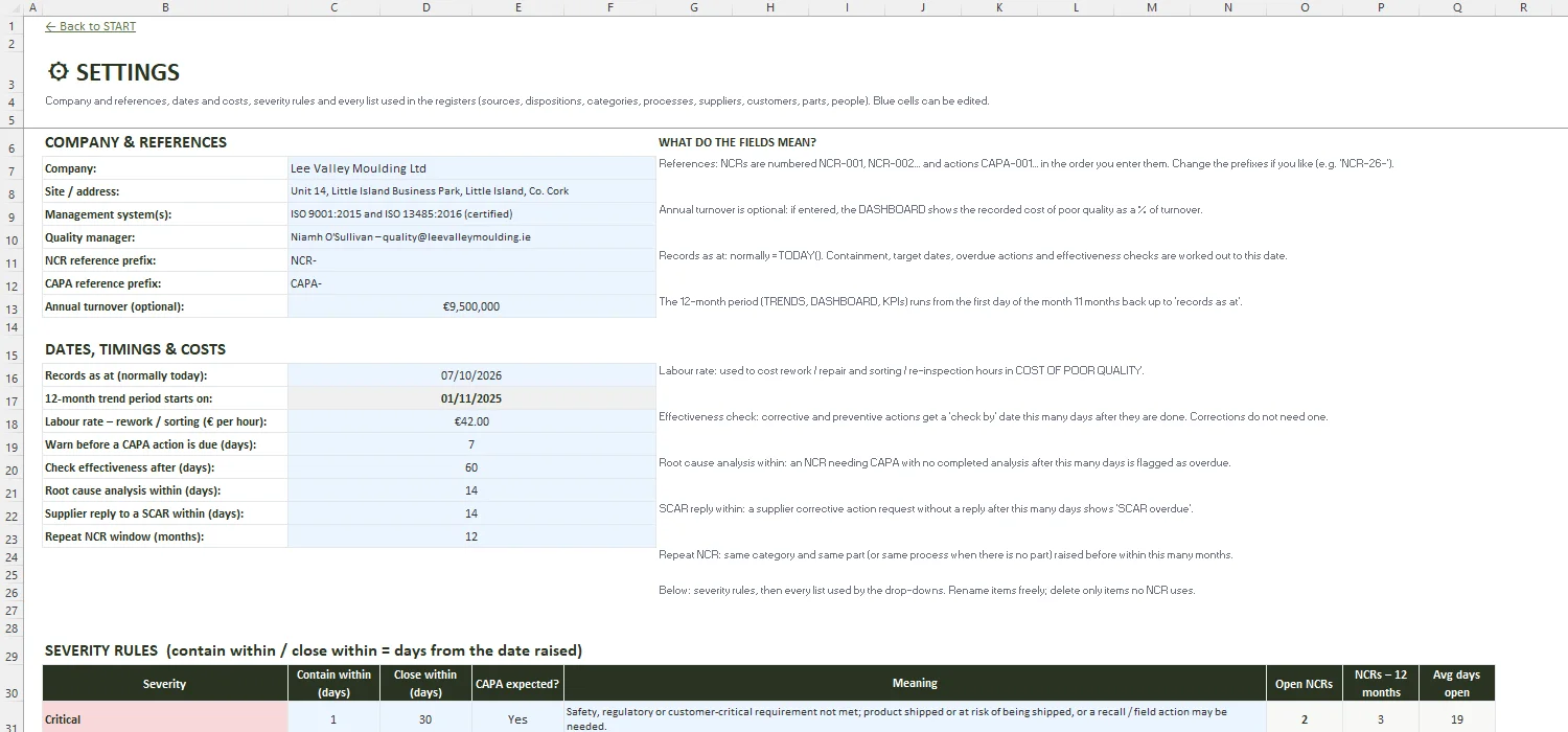 Non-Conformance Report Template Excel – SETTINGS