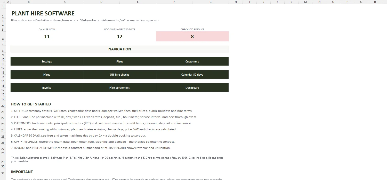 Plant Hire Software Excel – START