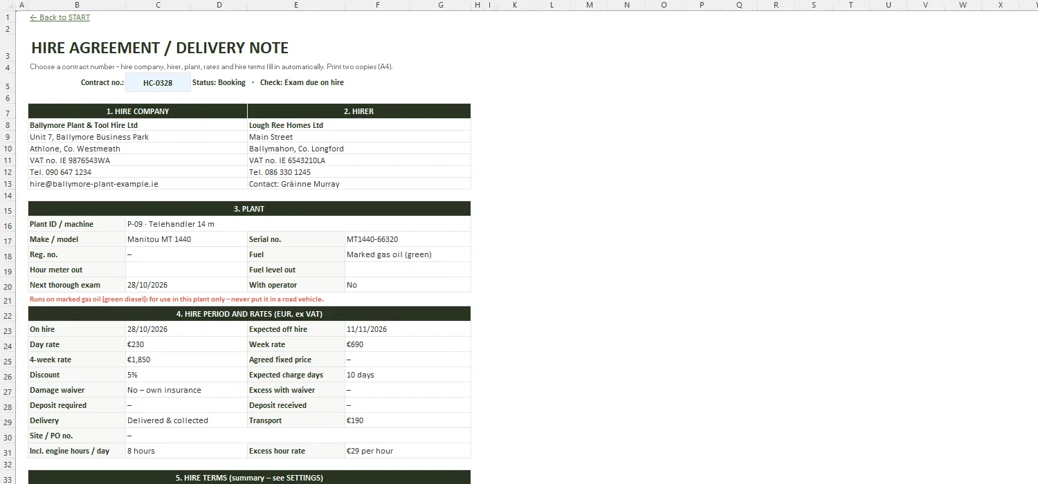 Plant Hire Software Excel – HIRE AGREEMENT