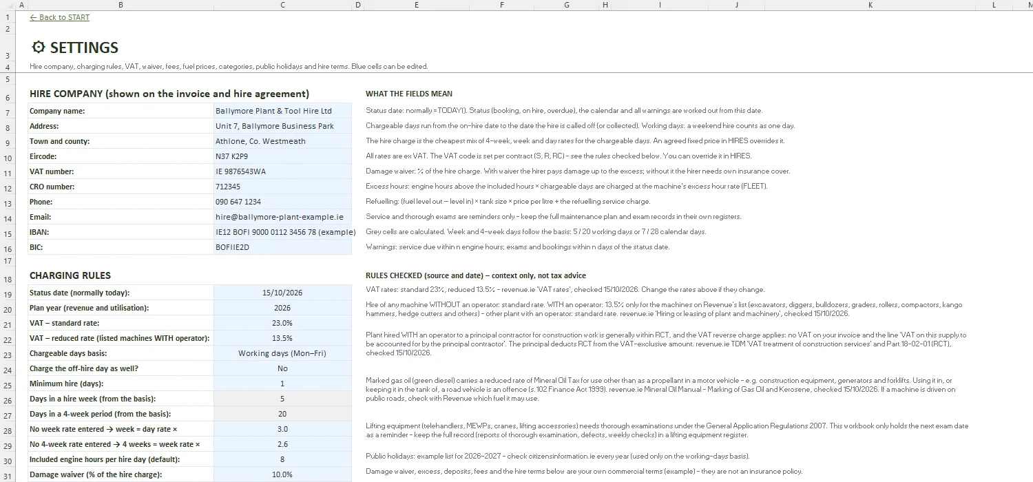 Plant Hire Software Excel – SETTINGS