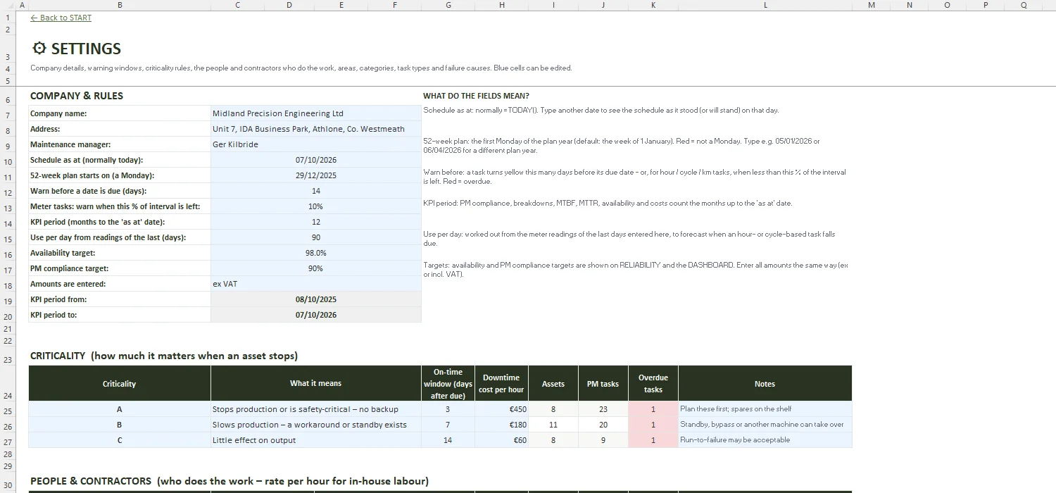 Preventive Maintenance Schedule Excel – SETTINGS