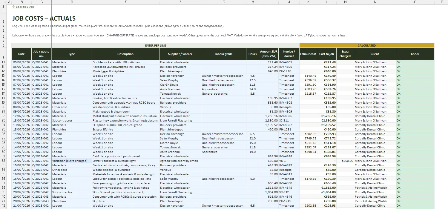 Quote Template Excel – JOB COSTS