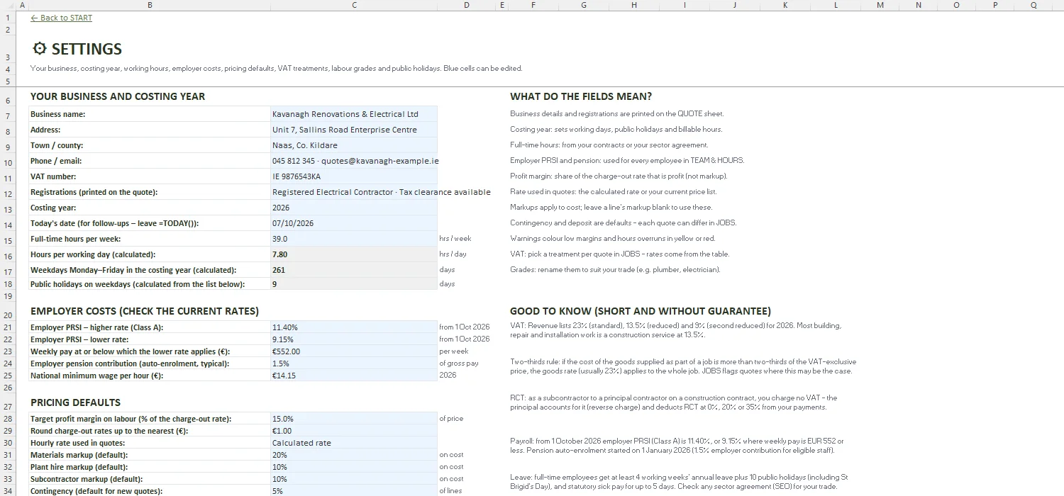 Quote Template Excel – SETTINGS