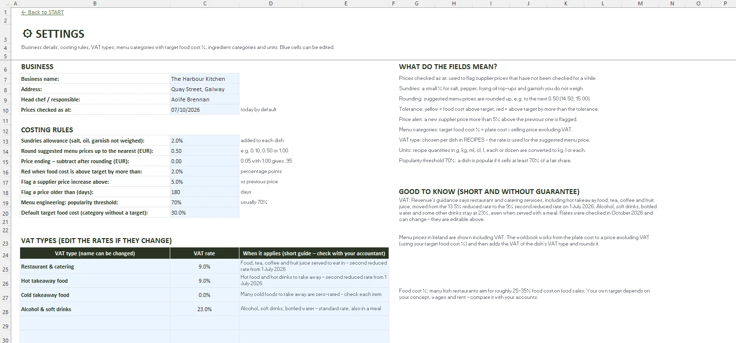Recipe Costing Template Excel – SETTINGS