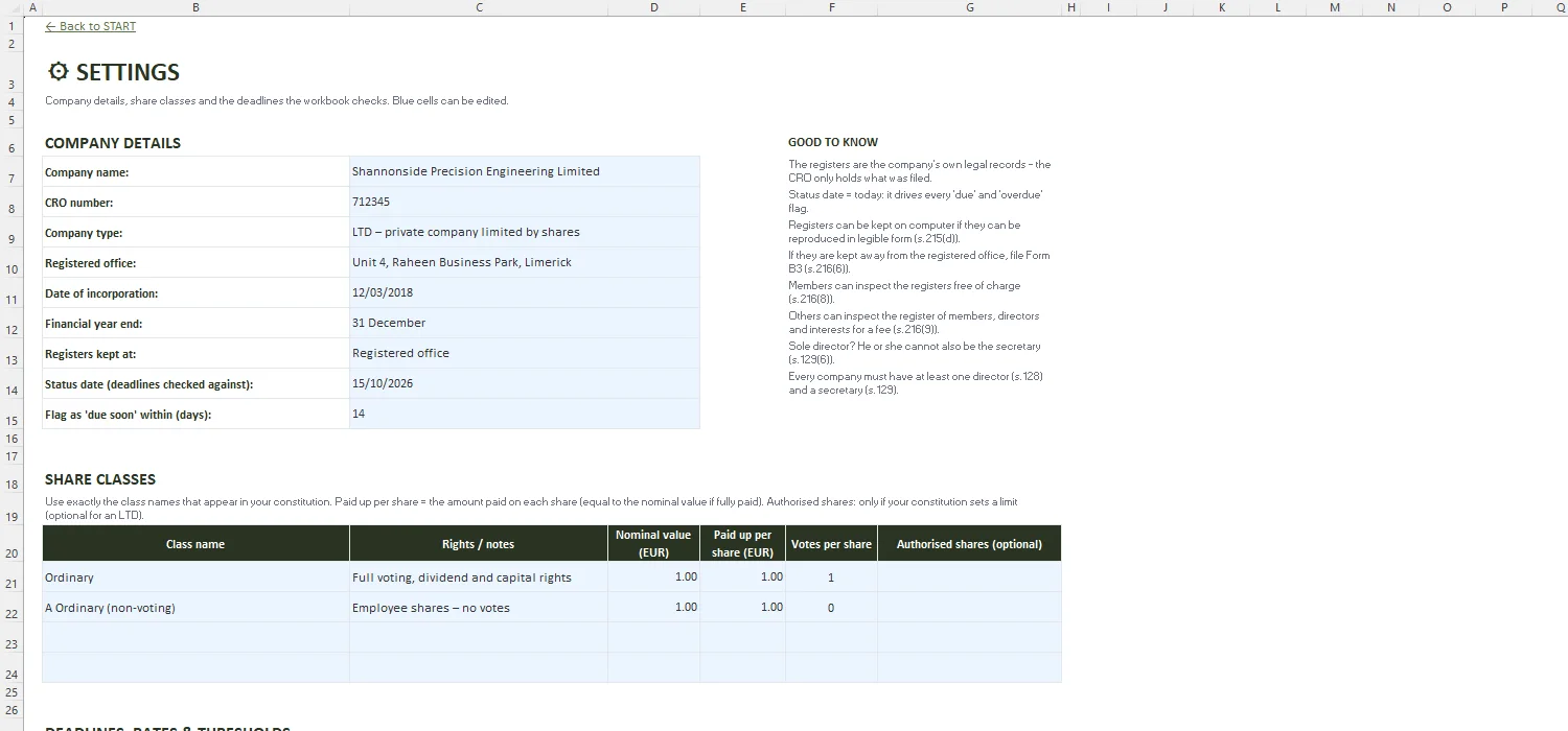Register of Members Template Excel – SETTINGS