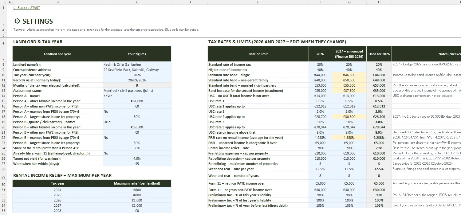 Rental Income Tax Calculator Excel – SETTINGS