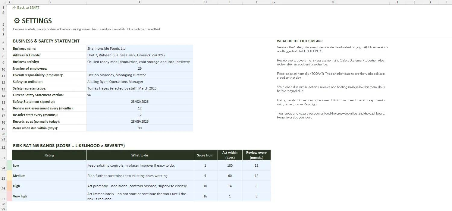 Risk Assessment Template Excel – SETTINGS