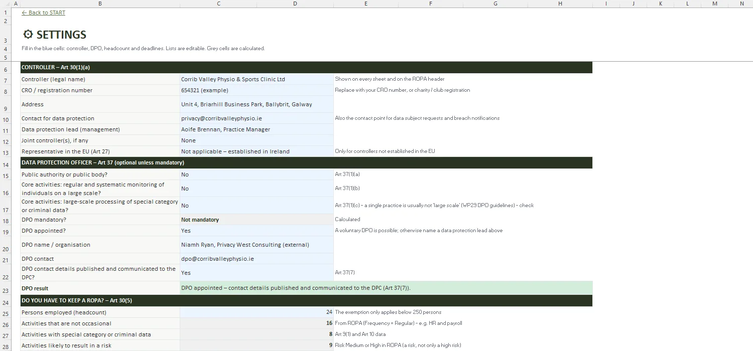 GDPR ROPA Template Excel – SETTINGS