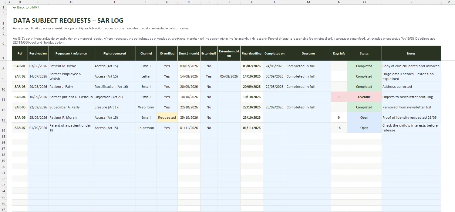GDPR ROPA Template Excel – SAR LOG