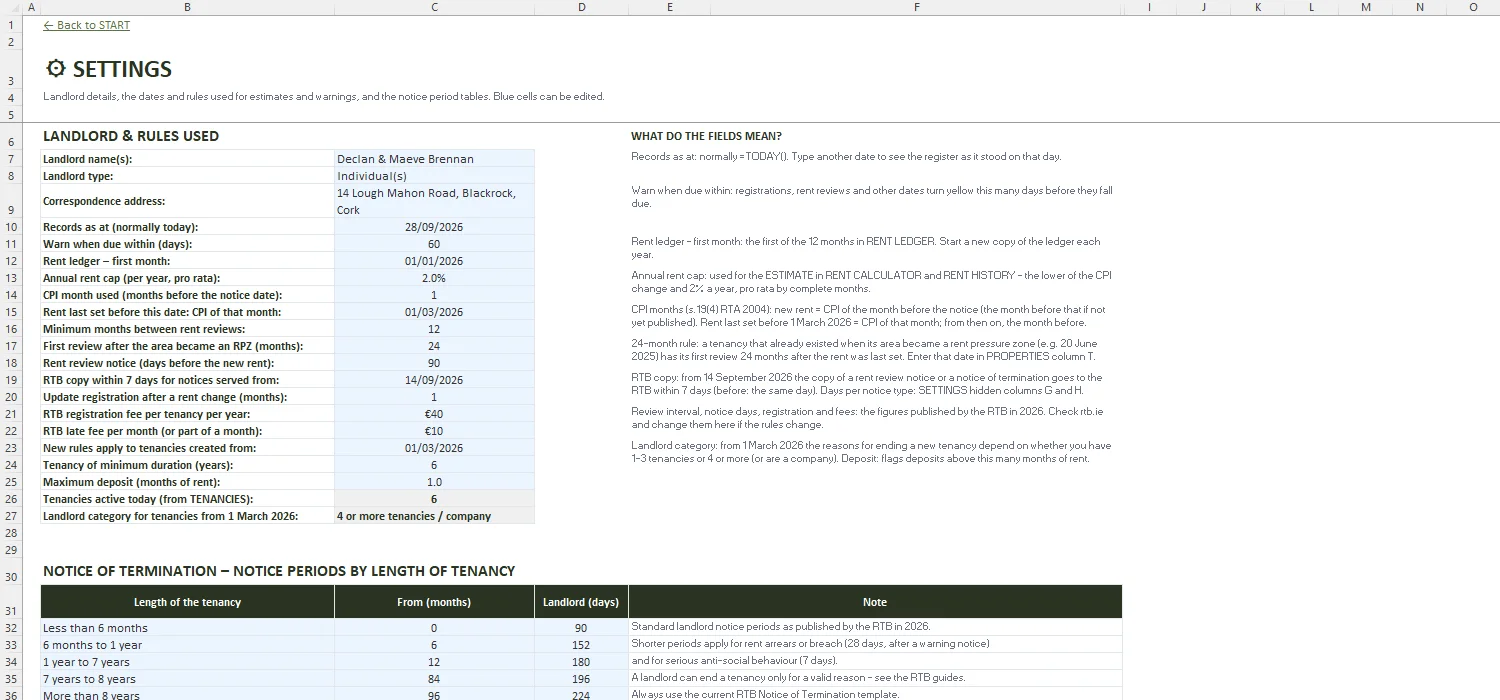 RTB Rent Calculator Excel – SETTINGS