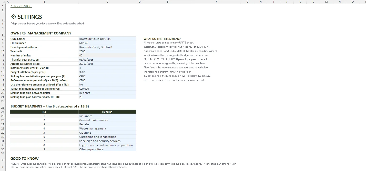 Service Charge Budget Excel – SETTINGS