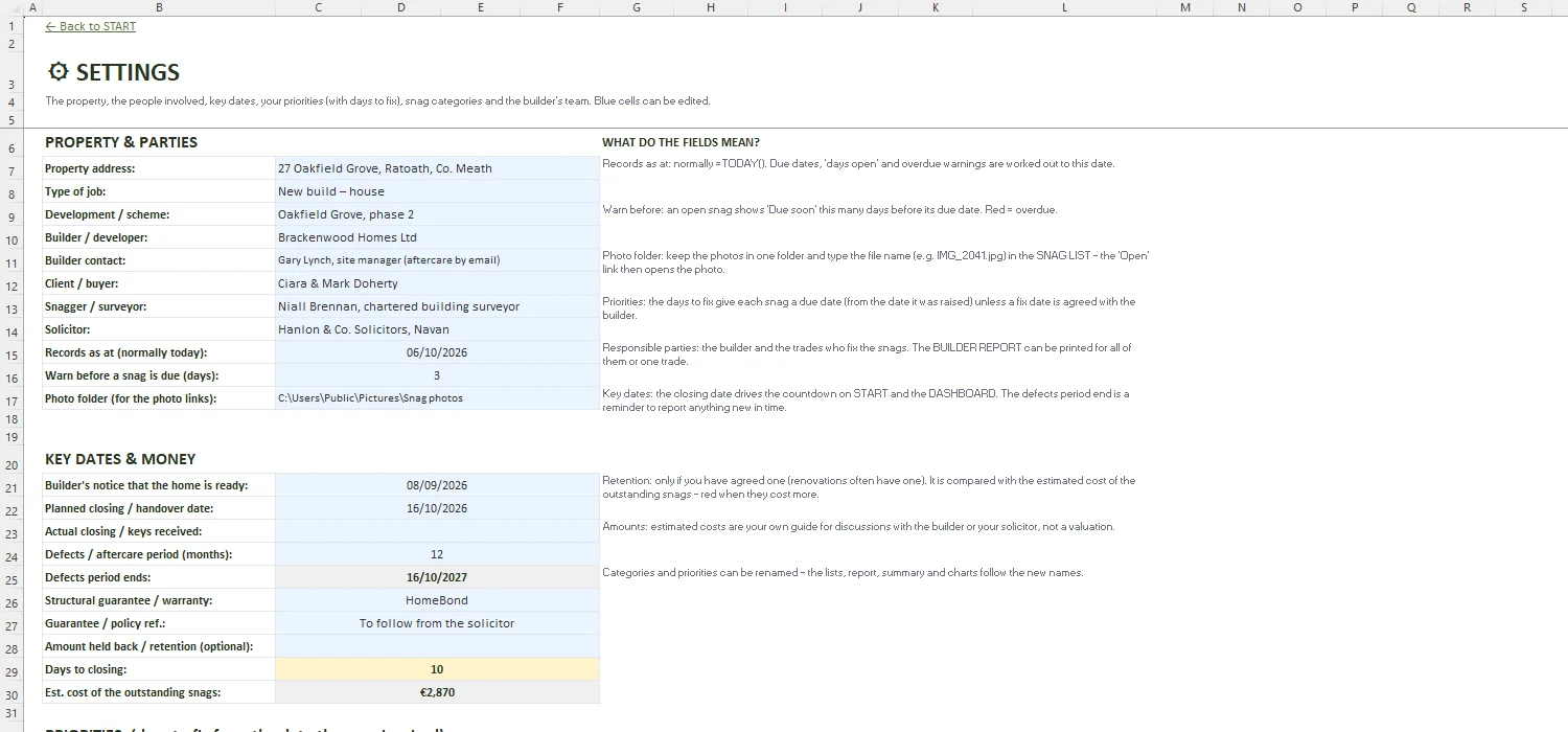 Snag List Template Excel – SETTINGS