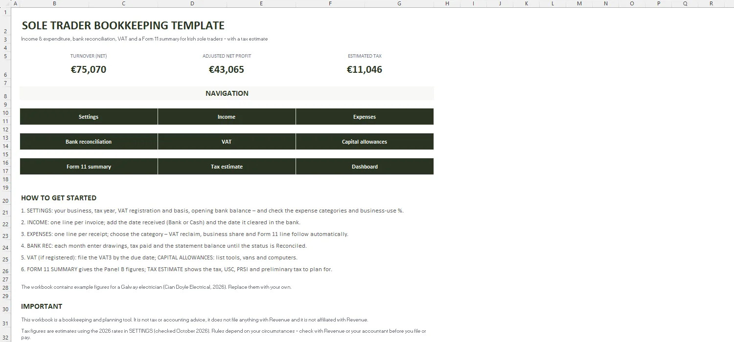 Sole Trader Bookkeeping Template Excel – START