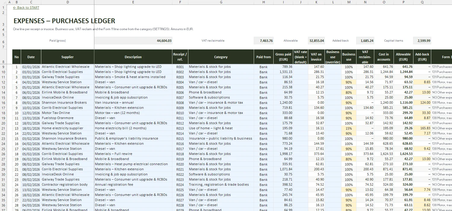 Sole Trader Bookkeeping Template Excel – EXPENSES
