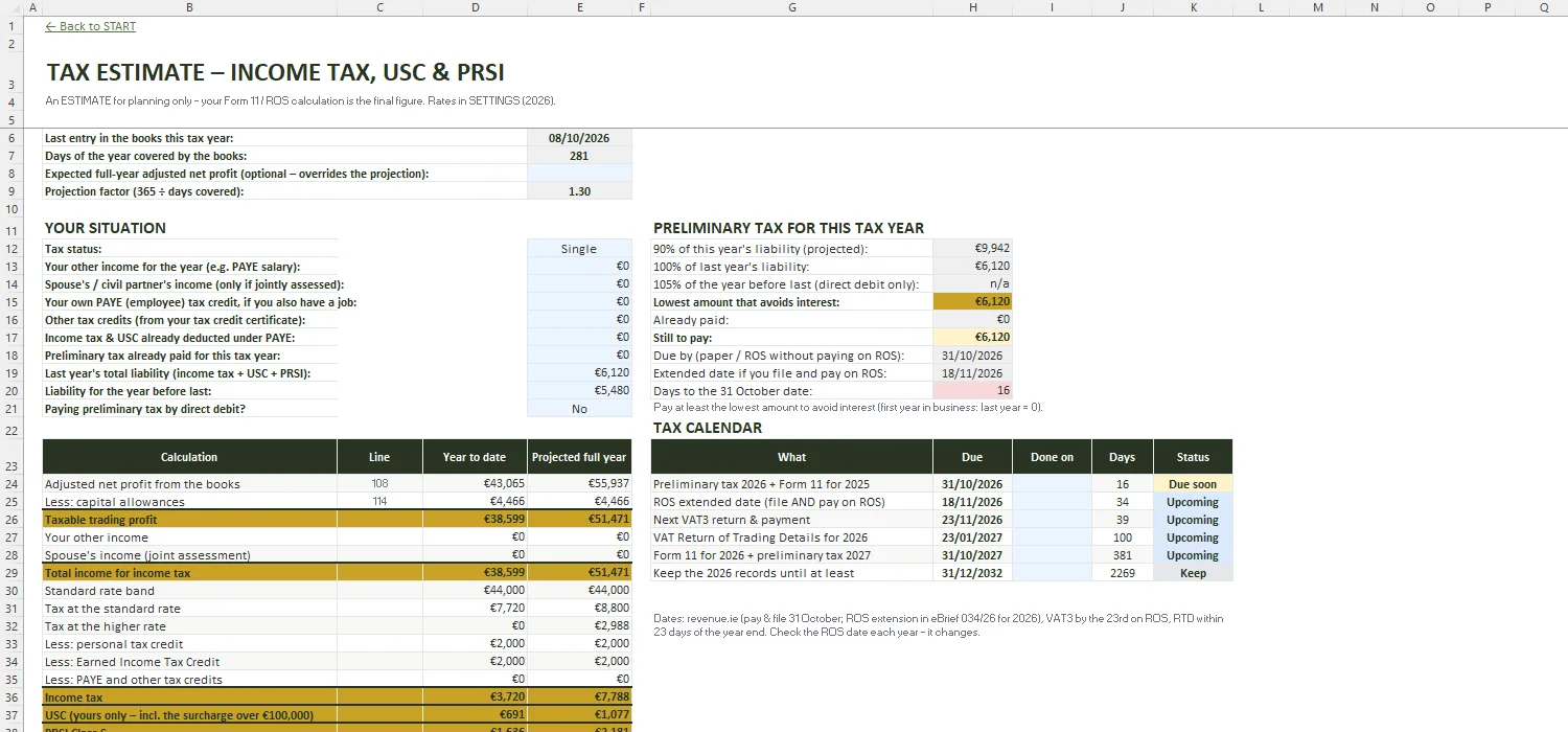 Sole Trader Bookkeeping Template Excel – TAX ESTIMATE