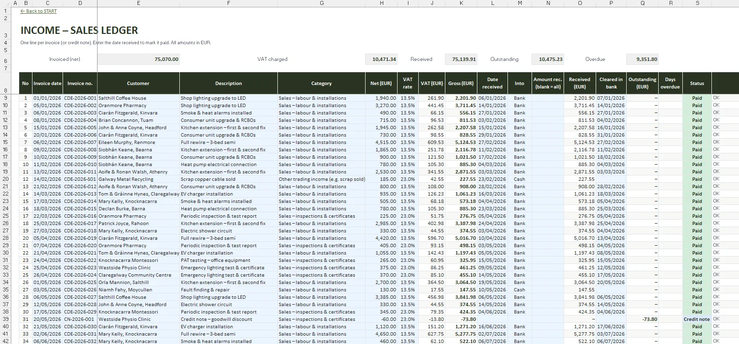 Sole Trader Bookkeeping Template Excel – INCOME