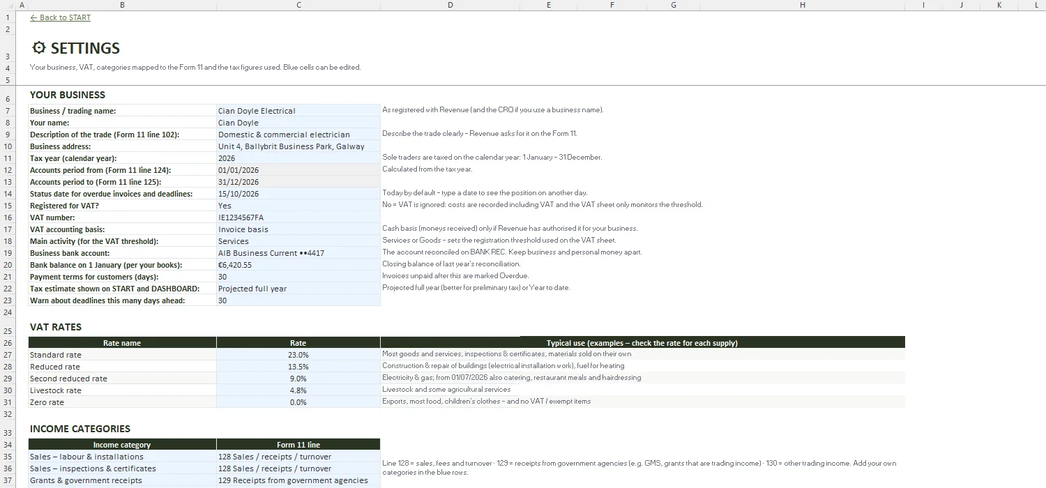 Sole Trader Bookkeeping Template Excel – SETTINGS