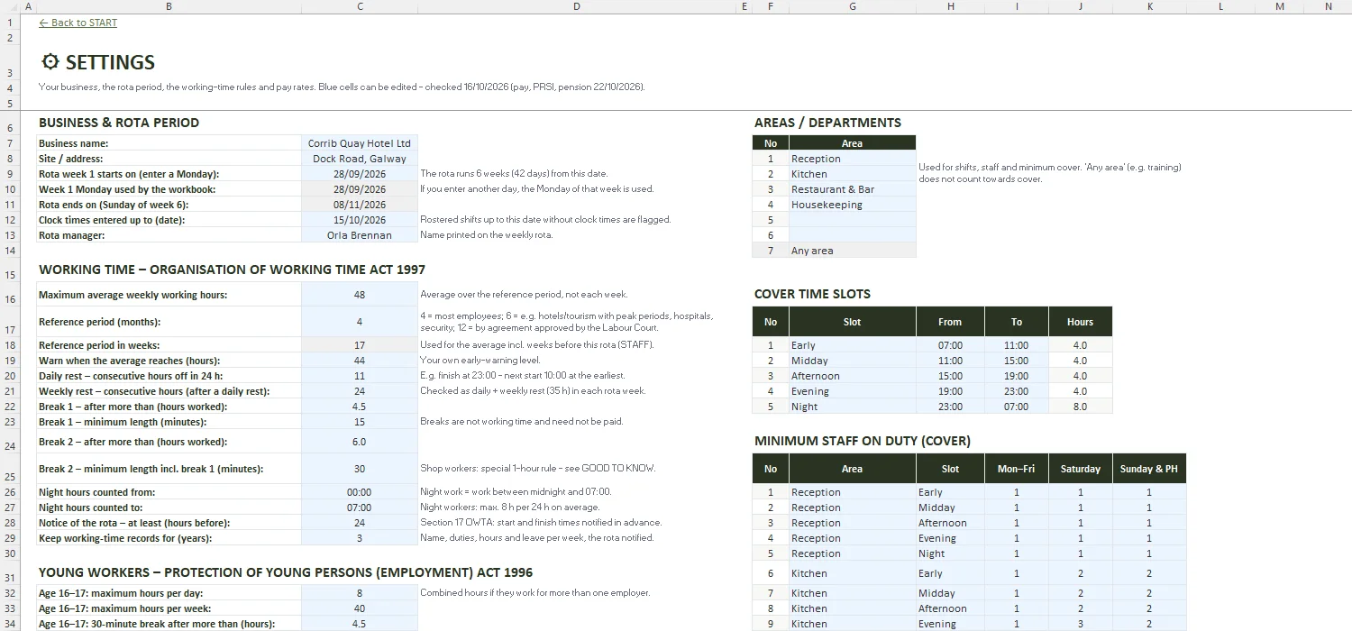 Staff Rota Template Excel – SETTINGS